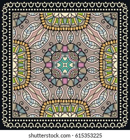 Decorative abstract colorful background, geometric floral doodle pattern with ornate lace frame. Tribal ethnic ornament. Bandanna shawl fabric print, silk neck scarf or kerchief design