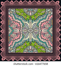 Decorative abstract colorful background, geometric floral doodle pattern with ornate lace frame. Tribal ethnic ornament. Bandanna shawl tablecloth print, silk neck scarf or kerchief design