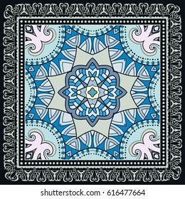 Decorative abstract colorful background, geometric floral doodle pattern with ornate lace frame. Tribal ethnic ornament. Bandanna shawl tablecloth print, silk neck scarf or kerchief design
