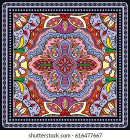 Decorative abstract colorful background, geometric floral doodle pattern with ornate lace frame. Tribal ethnic ornament. Bandanna shawl tablecloth print, silk neck scarf or kerchief design