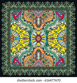Decorative abstract colorful background, geometric floral doodle pattern with ornate lace frame. Tribal ethnic ornament. Bandanna shawl tablecloth print, silk neck scarf or kerchief design