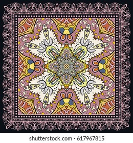 Decorative abstract colorful background, geometric floral doodle pattern with ornate lace frame. Tribal ethnic ornament. Bandanna shawl tablecloth print, silk neck scarf or kerchief design