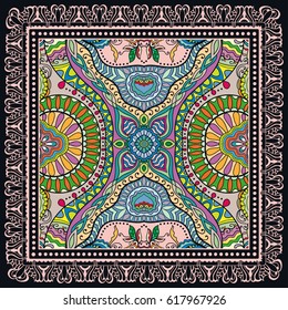 Decorative abstract colorful background, geometric floral doodle pattern with ornate lace frame. Tribal ethnic ornament. Bandanna shawl tablecloth print, silk neck scarf or kerchief design