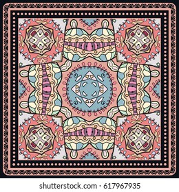 Decorative abstract colorful background, geometric floral doodle pattern with ornate lace frame. Tribal ethnic ornament. Bandanna shawl tablecloth print, silk neck scarf or kerchief design