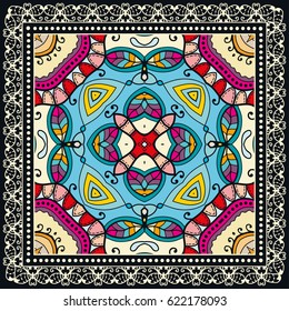Decorative abstract colorful background, geometric floral doodle pattern with ornate lace frame. Tribal ethnic ornament. Bandanna shawl fabric print, silk neck scarf or kerchief design