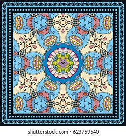Decorative abstract colorful background, geometric floral doodle pattern with ornate lace frame. Tribal ethnic ornament. Bandanna shawl fabric print, silk neck scarf or kerchief design