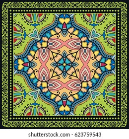 Decorative abstract colorful background, geometric floral doodle pattern with ornate lace frame. Tribal ethnic ornament. Bandanna shawl fabric print, silk neck scarf or kerchief design
