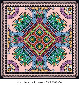 Decorative abstract colorful background, geometric floral doodle pattern with ornate lace frame. Tribal ethnic ornament. Bandanna shawl fabric print, silk neck scarf or kerchief design