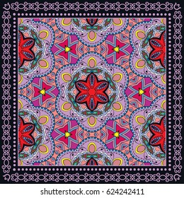 Decorative abstract colorful background, geometric floral doodle pattern with ornate lace frame. Tribal ethnic ornament. Bandanna shawl fabric print, silk neck scarf or kerchief design