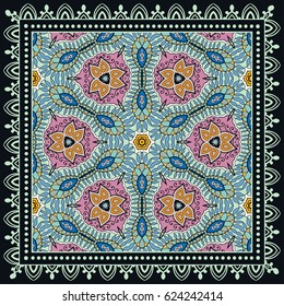 Decorative abstract colorful background, geometric floral doodle pattern with ornate lace frame. Tribal ethnic ornament. Bandanna shawl fabric print, silk neck scarf or kerchief design