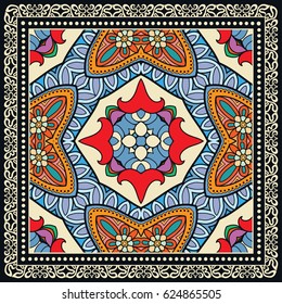 Decorative abstract colorful background, geometric floral doodle pattern with ornate lace frame. Tribal ethnic ornament. Bandanna shawl fabric print, silk neck scarf or kerchief design
