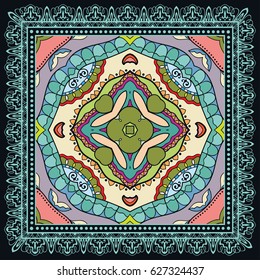 Decorative abstract colorful background, geometric floral doodle pattern with ornate lace frame. Tribal ethnic ornament. Bandanna shawl fabric print, silk neck scarf or kerchief design