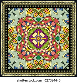 Decorative abstract colorful background, geometric floral doodle pattern with ornate lace frame. Tribal ethnic ornament. Bandanna shawl fabric print, silk neck scarf or kerchief design