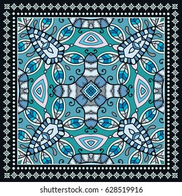 Decorative abstract colorful background, geometric floral doodle pattern with ornate lace frame. Tribal ethnic ornament. Bandanna shawl fabric print, silk neck scarf or kerchief design