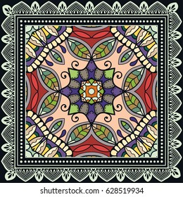 Decorative abstract colorful background, geometric floral doodle pattern with ornate lace frame. Tribal ethnic ornament. Bandanna shawl fabric print, silk neck scarf or kerchief design