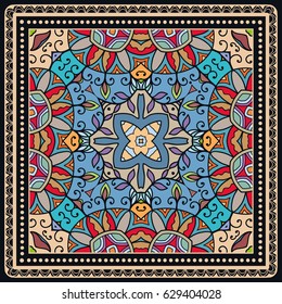 Decorative abstract colorful background, geometric floral doodle pattern with ornate lace frame. Tribal ethnic ornament. Bandanna shawl fabric print, silk neck scarf or kerchief design