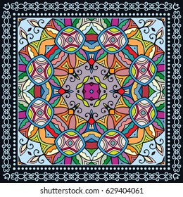 Decorative abstract colorful background, geometric floral doodle pattern with ornate lace frame. Tribal ethnic ornament. Bandanna shawl fabric print, silk neck scarf or kerchief design