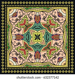 Decorative abstract colorful background, geometric floral doodle pattern with ornate lace frame. Tribal ethnic ornament. Bandanna shawl fabric print, silk neck scarf or kerchief design