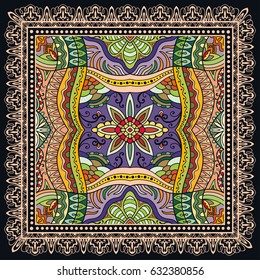 Decorative abstract colorful background, geometric floral doodle pattern with ornate lace frame. Tribal ethnic ornament. Bandanna shawl fabric print, silk neck scarf or kerchief design