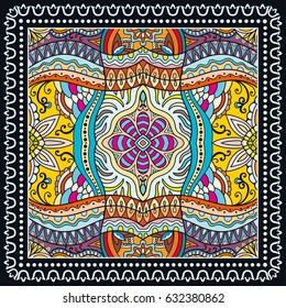 Decorative abstract colorful background, geometric floral doodle pattern with ornate lace frame. Tribal ethnic ornament. Bandanna shawl fabric print, silk neck scarf or kerchief design