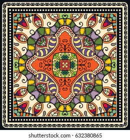 Decorative abstract colorful background, geometric floral doodle pattern with ornate lace frame. Tribal ethnic ornament. Bandanna shawl fabric print, silk neck scarf or kerchief design
