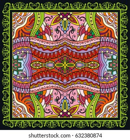 Decorative abstract colorful background, geometric floral doodle pattern with ornate lace frame. Tribal ethnic ornament. Bandanna shawl fabric print, silk neck scarf or kerchief design