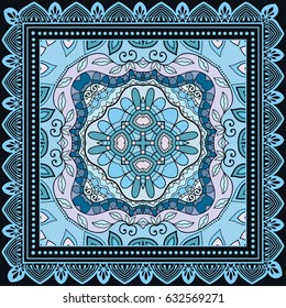 Decorative abstract colorful background, geometric floral doodle pattern with ornate lace frame. Tribal ethnic ornament. Bandanna shawl, tablecloth fabric print, silk neck scarf, kerchief design