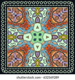 Decorative abstract colorful background, geometric floral doodle pattern with ornate lace frame. Tribal ethnic ornament. Bandanna shawl, tablecloth fabric print, silk neck scarf, kerchief design