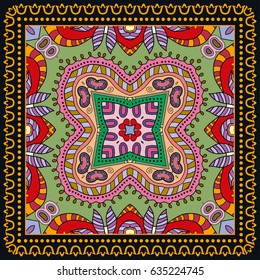 Decorative abstract colorful background, geometric floral doodle pattern with ornate lace frame. Tribal ethnic ornament. Bandanna shawl, tablecloth fabric print, silk neck scarf, kerchief design