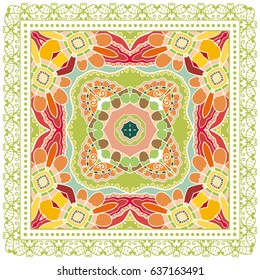 Decorative abstract colorful background, geometric floral doodle pattern with ornate lace frame. Tribal ethnic ornament. Bandanna shawl, tablecloth fabric print, silk neck scarf, kerchief design