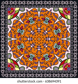 Decorative abstract colorful background, geometric floral doodle pattern with ornate lace frame. Tribal ethnic ornament. Bandanna shawl, tablecloth fabric print, silk neck scarf, kerchief design