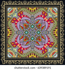 Decorative abstract colorful background, geometric floral doodle pattern with ornate lace frame. Tribal ethnic ornament. Bandanna shawl, tablecloth fabric print, silk neck scarf, kerchief design