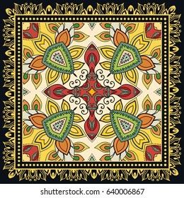 Decorative abstract colorful background, geometric floral doodle pattern with ornate lace frame. Tribal ethnic ornament. Bandanna shawl, tablecloth fabric print, silk neck scarf, kerchief design