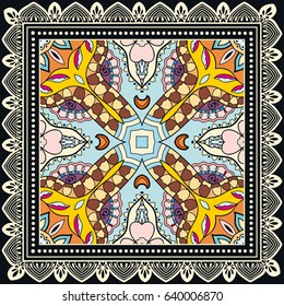 Decorative abstract colorful background, geometric floral doodle pattern with ornate lace frame. Tribal ethnic ornament. Bandanna shawl, tablecloth fabric print, silk neck scarf, kerchief design