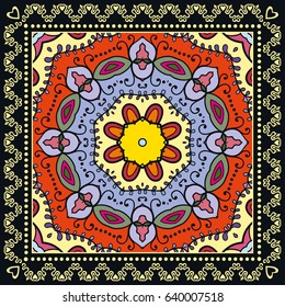 Decorative abstract colorful background, geometric floral doodle mandala pattern, ornate lace frame. Tribal ethnic ornament. Bandanna shawl, tablecloth fabric print, silk neck scarf, kerchief design