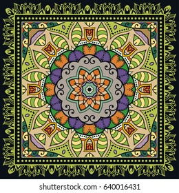 Decorative abstract colorful background, geometric floral doodle mandala pattern, ornate lace frame. Tribal ethnic ornament. Bandanna shawl, tablecloth fabric print, silk neck scarf, kerchief design