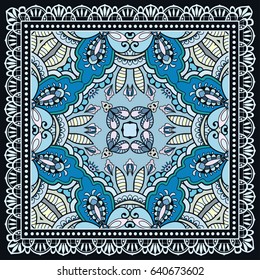 Decorative abstract colorful background, geometric floral doodle pattern with ornate lace frame. Tribal ethnic ornament. Bandanna shawl, tablecloth fabric print, silk neck scarf, kerchief design