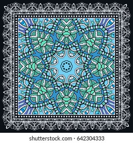 Decorative abstract colorful background, geometric floral doodle pattern with ornate lace frame. Tribal ethnic ornament. Bandanna shawl, tablecloth fabric print, silk neck scarf, kerchief design