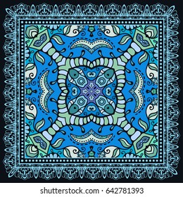 Decorative abstract colorful background, geometric floral doodle pattern with ornate lace frame. Tribal ethnic ornament. Bandanna shawl, tablecloth fabric print, silk neck scarf, kerchief design