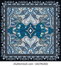 Decorative abstract colorful background, geometric floral doodle pattern with ornate lace frame. Tribal ethnic ornament. Bandanna shawl, tablecloth fabric print, silk neck scarf, kerchief design