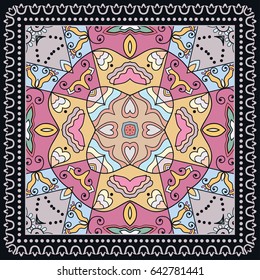 Decorative abstract colorful background, geometric floral doodle pattern with ornate lace frame. Tribal ethnic ornament. Bandanna shawl, tablecloth fabric print, silk neck scarf, kerchief design