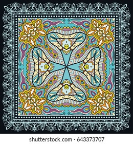 Decorative abstract colorful background, geometric floral doodle pattern with ornate lace frame. Tribal ethnic ornament. Bandanna shawl, tablecloth fabric print, silk neck scarf, kerchief design