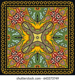 Decorative abstract colorful background, geometric floral doodle pattern with ornate lace frame. Tribal ethnic ornament. Bandanna shawl, tablecloth fabric print, silk neck scarf, kerchief design