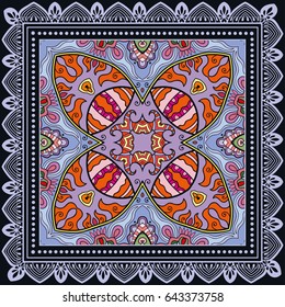Decorative abstract colorful background, geometric floral doodle pattern with ornate lace frame. Tribal ethnic ornament. Bandanna shawl, tablecloth fabric print, silk neck scarf, kerchief design