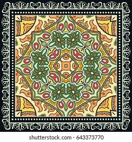 Decorative abstract colorful background, geometric floral doodle pattern with ornate lace frame. Tribal ethnic ornament. Bandanna shawl, tablecloth fabric print, silk neck scarf, kerchief design