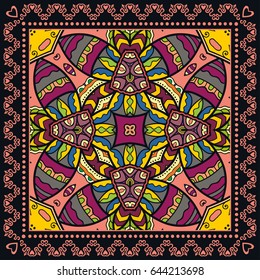 Decorative abstract colorful background, geometric floral doodle pattern with ornate lace frame. Tribal ethnic ornament. Bandanna shawl, tablecloth fabric print, silk neck scarf, kerchief design