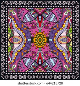 Decorative abstract colorful background, geometric floral doodle pattern with ornate lace frame. Tribal ethnic ornament. Bandanna shawl, tablecloth fabric print, silk neck scarf, kerchief design