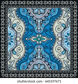 Decorative abstract colorful background, geometric floral doodle pattern with ornate lace frame. Tribal ethnic ornament. Bandanna shawl, tablecloth fabric print, silk neck scarf, kerchief design