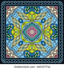 Decorative abstract colorful background, geometric floral doodle pattern with ornate lace frame. Tribal ethnic ornament. Bandanna shawl, tablecloth fabric print, silk neck scarf, kerchief design