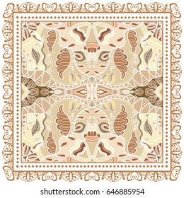 Decorative abstract colorful background, geometric floral doodle pattern with ornate lace frame. Tribal ethnic ornament. Bandanna shawl, tablecloth fabric print, silk neck scarf, kerchief design